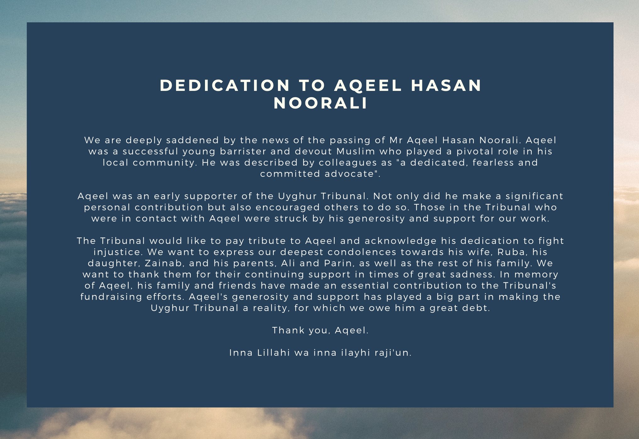Dedication to Aqeel Hasan Noorali